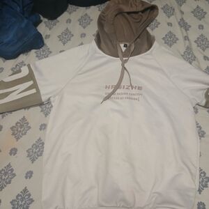 White & Tan Hooded Pullover with Subtle Logo